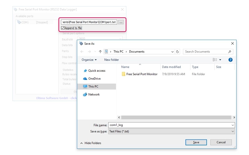 Registratore di porta seriale - Aggiungi al file